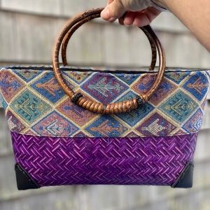 BOHO PURPLE HANDBAG BAMBOO STRAW & TAPESTRY Handcrafted in India. Lined w/zipper